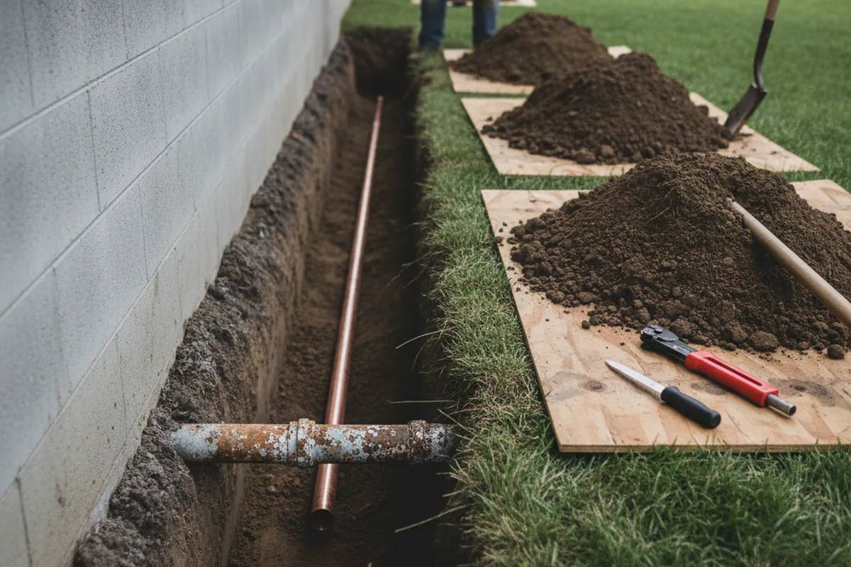 Excavated water line trench during Sewer Line Repair in Akron